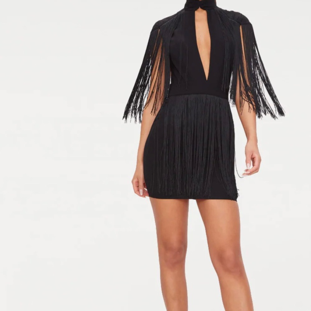 Brand New - Black mini dress with tassels fringe and cap sleeves